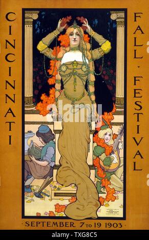 Cincinnati Herbst Festival 7. bis 19. September 1903 Plakat für das Festival mit einer Frau auf ein Podest, einen Kranz auf dem Kopf sitzt und das Tragen von Jugendstil Schmuck. Ein Kind - wie Handwerker, Musiker am Fuß der Sockel Stockfoto