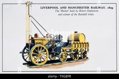 "Die Rakete", George Stephensons Lokomotive die die Rainhill Trials in 1829 für die Lokomotive auf der Liverpool and Manchester Railway Karte verwendet werden gewonnen Stockfoto