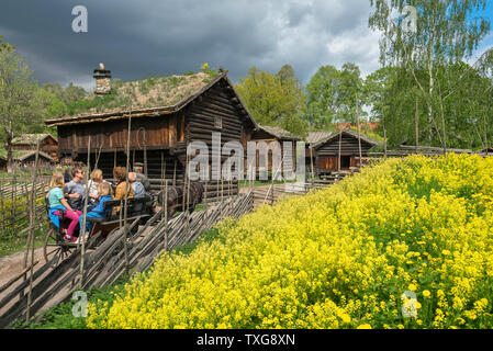 Norsk folkemuseum, Aussicht im Sommer von Touristen, die mit Pferd und Kutsche die Norsk Folk Museum in der bygdøy Bereich von Oslo, Norwegen. Stockfoto