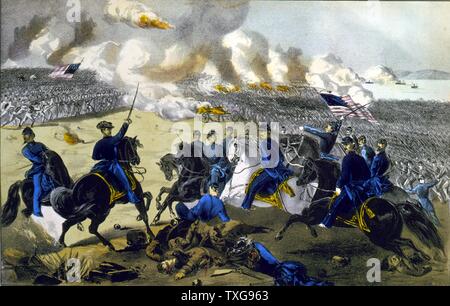 Amerikanischer Bürgerkrieg 1861-1865: Schlacht von Pittsburgh Landung (Schlacht von Shiloh, Tennessee, 7. April 1862. General Ulysses Grant führenden Union (Nördlichen) Kräfte gegen die Eidgenossen Southern. Drucken von Currier & Ives Stockfoto