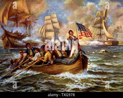 Krieg von 1812: Schlacht von Lake Erie (Put-in-Bay), Ohio, 10. September 1813 Oliver Hazard Perry im Bogen von kleinen Ruderboot nach seinem Flaggschiff "Lawrence' verlassen Stockfoto