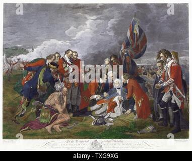 Aus einem Gemälde von Benjamin West Tod von General James Wolfe, British Army Commander, tödlich am Sieg über die Franzosen in der Schlacht von Ebenen von Abraham - Quebec verwundet. Gravur Stockfoto