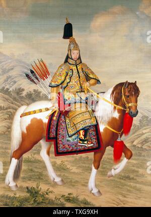 Giuseppe Castiglione italienische Schule Die Qianlong Emperor in Ceremonial Armour auf dem Pferderücken Tinte und Farbe auf Seide Stockfoto