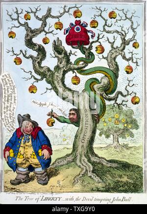 James Gillray British School Der Baum der Freiheit (mit dem Teufel verlockend John Bull) - Schlange, Schwanz in der Kappe der Freiheit, Gesicht von Charles James Fox, aufgewickelt, um Sterbende Eiche, bietet Apple beschädigt", John Bull, Taschen voller goldener Früchte. Gravur Stockfoto