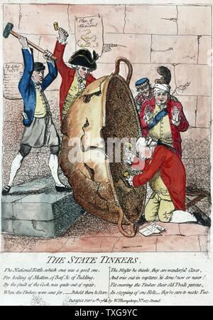 James Gillray British School Die Staatliche bastelt - Lord North, der britische Premierminister, kniet, Lord Sandwich und Assistant Patch, der Wasserkocher. George III. auf, hob die Hand. Gravur Stockfoto