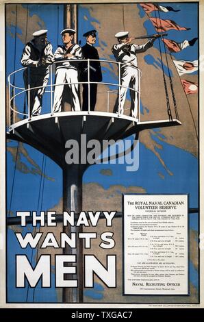 Weltkrieg (): Kanadische Rekrutierung Plakat für die Royal Canadian Navy,'' Die Marine will Männer" 1915 Lithographie Stockfoto