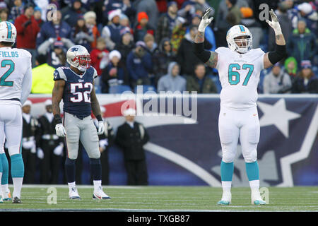 Miami Dolphins Offensive Lineman Josh Kline (67) feiert während der Wiedergabe auf der Anzeigetafel, wie die Beamten einen Touchdown von Delfinen wide receiver Mike Wallace (nicht abgebildet) im zweiten Viertel gegen die New England Patriots am Gillette Stadium in Foxborough, Massachusetts am 14. Dezember 2014 überprüfen. UPI/Matthew Healey Stockfoto