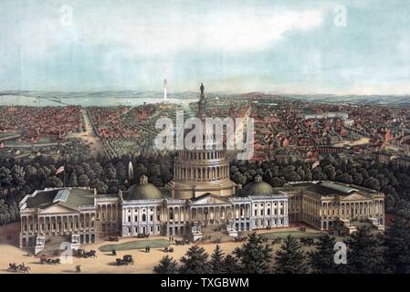 Ansicht der Stadt Washington. Drucken Sie, zeigt eine Ansicht aus der Vogelperspektive von Washington, D.C., mit dem US Capitol im Vordergrund, die US-Botanischer Garten, Smithsonian Institution und das Washington Monument im Hintergrund. Stockfoto