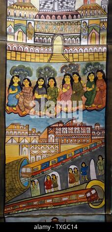 Knallbunte Marouflage Darstellung der Kolkata Metro (Kalkutta Metro) von Madhu Chitrakar Künstler. Vom 2003 Stockfoto