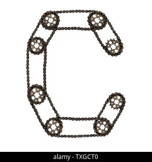 Steampunk alphabet Schrift schreiben C von Chain Gang. Typographie zeichen Collage der mechanischen Teile. Isolierte Elemente für Fahrrad, Räder, Motor Stockfoto