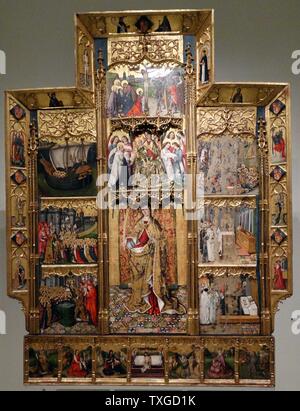 Altarbild von Sankt Ursula und die Elftausend Jungfrauen vom spanischen Maler Joan Reixach (1411-1486) und Miniaturist. Vom 15. Jahrhundert Stockfoto