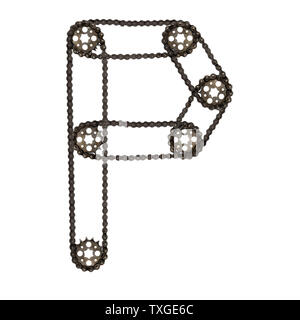 Steampunk alphabet Schrift Buchstabe P von Chain Gang. Typographie zeichen Collage der mechanischen Teile. Isolierte Elemente für Fahrrad, Räder, Motor Stockfoto