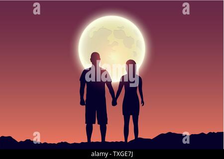 Junges Paar sucht im Full Moon silhouette Vektor-illustration EPS 10. Stock Vektor