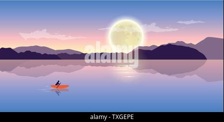 Lonely Kanu Abenteuer mit orange boat nachts bei Vollmond romantische Landschaft illustration Vektor EPS 10. Stock Vektor