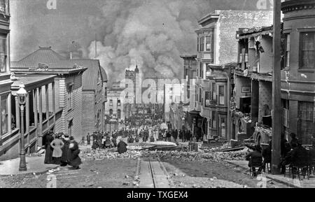 San Francisco Fire. Blick auf Schäden in Sacramento Street nach dem Erdbeben von 1906 Stockfoto