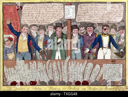 Zwei Kandidaten in der Westminster-Wahl, Henry Hunt und Murray Maxwell, Adressierung einer Menschenmenge 1818, Cruikshank Stockfoto