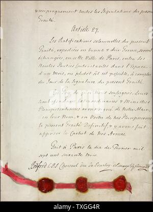 Abschnitt aus dem Vertrag von Paris. Dies wurde von Großbritannien, Spanien, Frankreich und Portugal nach dem Sieg Großbritanniens während des Siebenjährigen Krieges unterzeichnet. Dies markierte den Beginn einer Ära der britischen Herrschaft außerhalb Europas. Stockfoto