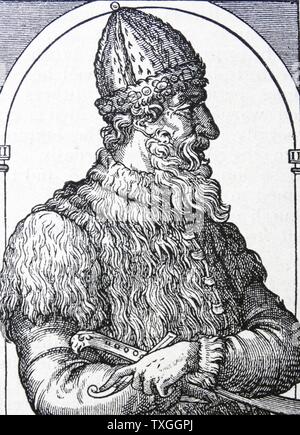 Gravur mit Ivan III "Der schreckliche" (1530-1584) Großfürst von Moskau von 1533 bis 1547 und Zar aller Reußen von 1547 bis zu seinem Tod. Datiert aus dem 16. Jahrhundert Stockfoto