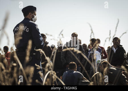 Flüchtlinge und Migranten warten auf Bussen in der Nähe von der Grenze mit Serbien in Roszke, Ungarn am 8. September 2015. Sie werden in eine Registrierung Camp, bevor sie ihre Reise in Richtung Deutschland übertragen werden. Foto von Achilleas Zavallis/UPI Stockfoto