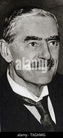 Arthur Neville Chamberlain (1869 ñ 9. November 1940); britischer konservativer Politiker, der als Premierminister des Vereinigten Königreichs von Mai 1937 bis Mai 1940 serviert. Chamberlain ist am besten für seine ausgleichenden Außenpolitik bekannt, insbesondere für seine Unterzeichnung des Münchner Abkommens von 1938, Stockfoto