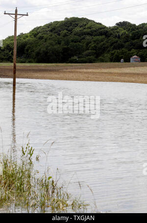 Feldern in niedrig gelegenen Bereichen um Büffel, Iowa, gerade von Hochwasser am 23. Juni 2008 hervor. Schwinden die Hochwasser von der Mississippi River haben massive Erntegut Zerstörung in Illinois, Missouri und Iowa links. Beamte erwarten zu Schäden und einem Verlust von 15% der Mais und Sojabohnen ernten in Iowa mindestens 3 Milliarden Euro. (UPI Foto/Markierung Cowan) Stockfoto