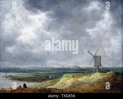 Gemälde mit dem Titel "Einer Windmühle an einem Fluss" von Jan van Goyen (1596-1656) ein niederländischer Landschaftsmaler. Vom 17. Jahrhundert Stockfoto