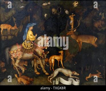 Gemälde mit dem Titel "The Vision von Saint Eustache" von Pisanello (1395-1455) eines italienischen Malers der frühen italienischen Renaissance und des Quattrocento. Vom 15. Jahrhundert Stockfoto