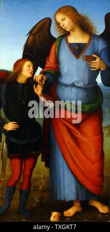 Detail aus dem Gemälde mit dem Titel "Die Jungfrau und Kind mit einem Engel, Erzengel Raphael mit Tobias und der Erzengel Michael" von Pietro Perugino (1446-1523) eines italienischen Renaissance-Maler der umbrischen Schule. Datiert aus dem 16. Jahrhundert Stockfoto