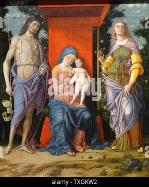 Gemälde mit dem Titel "Die Jungfrau und Kind mit Magdalena und Johannes dem Täufer" von Andrea Mantegna (1431-1506) ein italienischer Maler und Student der römischen Archäologie. Datiert aus dem 16. Jahrhundert Stockfoto
