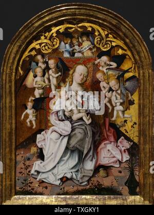 Gemälde mit dem Titel "Die Jungfrau und Kind mit musizierende Engel" von Meister Saint Bartholomew Altarpiece (1450-1510) einer altniederländischen Malers. Datiert aus dem 16. Jahrhundert Stockfoto