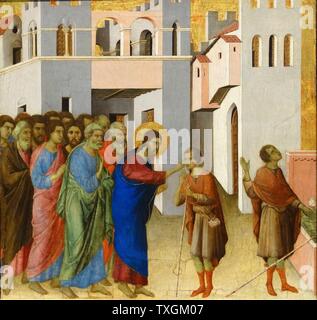 Gemälde mit dem Titel "Jesus öffnet die Augen von einem Mann Blind geboren" von Duccio di Buoninsegna (1255-1319) ein italienischer Maler und Mitglied der Sieneser Schule. Vom 14. Jahrhundert Stockfoto