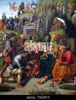 Gemälde mit dem Titel "Die Anbetung der Hirten" von Luca Signorelli (1445-1523) eines italienischen Renaissance-Maler. Vom 15. Jahrhundert Stockfoto