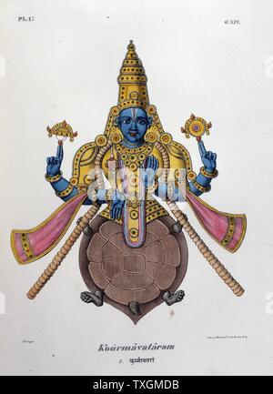 Vishnu, einer der Götter des hinduistischen Dreifaltigkeit (trimurti) in seinem zweiten Avatar mit dem Körper einer Schildkröte farbige Lithographie von 'L'Inde francaise", 1828 Stockfoto