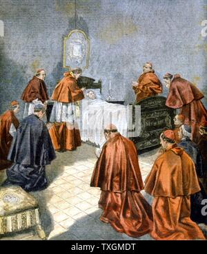 Leo XIII (Leone XIII) (Vincenzo Gioacchino Pecci (1810-1903), Papst von 1878 bis 1903, Erhalt der letzten Riten auf seinem Sterbebett. Von "Le Petit Journal", Paris, französische Wochenzeitung, 19. Juli 1903 Stockfoto