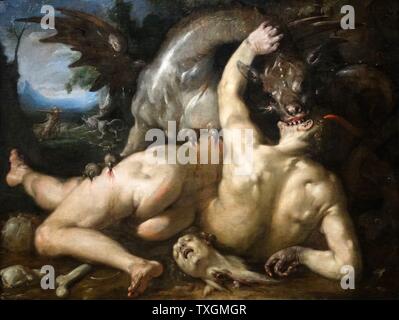 Gemälde mit dem Titel "Zwei Anhänger von Cadmus verschlungen von einem Drachen" von Cornelis van Haarlem (1562-1638) ein Holländisches goldenes Alter Maler und Zeichner. Datiert aus dem 16. Jahrhundert Stockfoto