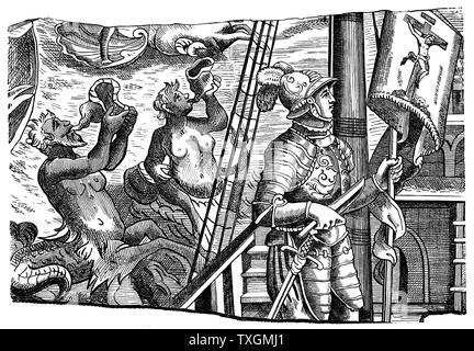 Gravur eines Elfenbein niello, Christopher Columbus (1451-1506), genuesische Explorer, auf sein Schiff während seiner Reise nach Amerika. Elfenbein Niello Stockfoto