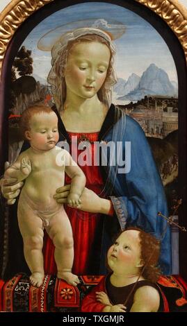 Gemälde mit dem Titel "Die Jungfrau und Kind mit dem Heiligen Johannes" von Davide Ghirlandaio (1452-1525) ein italienischer Maler und Mosaicist. Vom 15. Jahrhundert Stockfoto