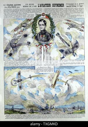 Georges-Marie Guynemer (1895-1917) Französische air Fighter ace Abgeschossen 8 Mal. Im Kampf 1917 starb. Mit 53 Luft Siege gutgeschrieben. Broadsheet zeigen Hund kämpft mit Deutschen biplanar und Fokkers Stockfoto