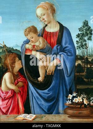 Gemälde mit dem Titel "Die Jungfrau und Kind mit dem Heiligen Johannes" von Filippino Lippi (1457-1504) eines italienischen Malers während der hoch-Renaissance in Florenz. Vom 15. Jahrhundert Stockfoto