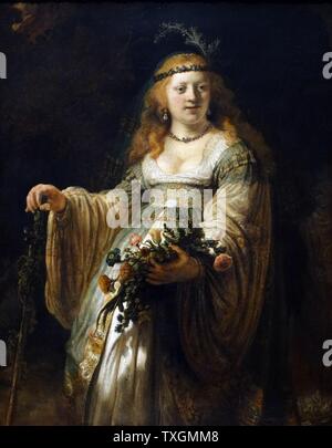 Gemälde mit dem Titel "Saskia van Uylenburgh in arkadischen Kostüm" von Rembrandt Harmenszoon van Rijn (1606-1669), niederländischer Maler und Radierer. Vom 17. Jahrhundert Stockfoto