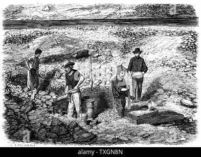 Schaukelnd für Gold in der kalifornischen Gold Fields. Holzstich veröffentlicht Paris 1849 Stockfoto