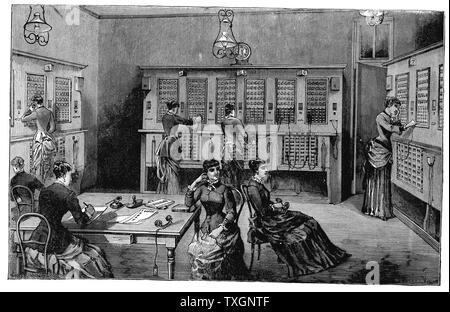 Telefonzentrale, rue Lafayette, Paris, besetzt mit weiblichen Telefonistinnen. 1883 Gravur von Louis Figuier 'Les Nouvelles Conquetes de la Science" Paris. Stockfoto