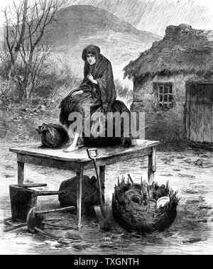 Hungersnot: Irish Bauernmädchen der Familie bewachen letzten Besitztümer nach Räumung für nicht-Zahlung der Miete. Von der "Illustrated London News", April 1886 Holzstich Stockfoto