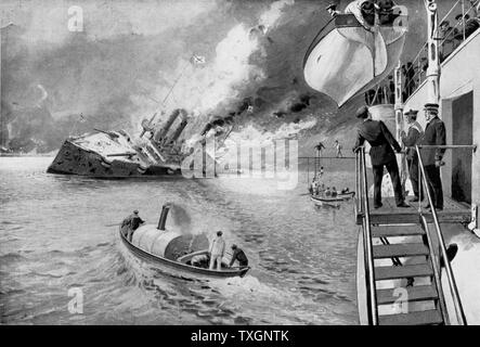 Russisch-japanische Krieg 1904-1905 Russische Schiff "Variag' Untergang an Chemulp, 9. Februar 1904. Die französischen Kreuzer "Pascal" Rettung von Überlebenden. Stockfoto