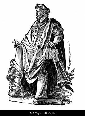 Templer im Reisen Kleid. Arme Ritter Christi und der Tempel Salomos, gründete C. 1119 Pilger aus maruading Moslems zu schützen. Bestellung von Clement V 1312 unterdrückt. 16. jahrhundert Holzschnitt von Jost Amman Stockfoto