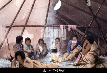 Innenraum der Cree Indianer Zelt. Mann Rauchen: Papoose in 'Wiege': Kochen Topf über Feuer ausgesetzt. Von John Franklin' Erzählung einer Reise an die Ufer des Polar Sea' 1823 London farbige Lithographie Stockfoto