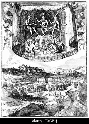 Top: Häuptling Wahunsonacock (Vater von Pocahontas) Leiter der Powhatan confederacy der Algonquin-sprechenden Stämme Rauchen in seiner Hütte. Unten: Palisaded Dorf Hütten typisch von Virginia und Ostufer der Chesapeake Bay. 1686 Kupferstich Stockfoto