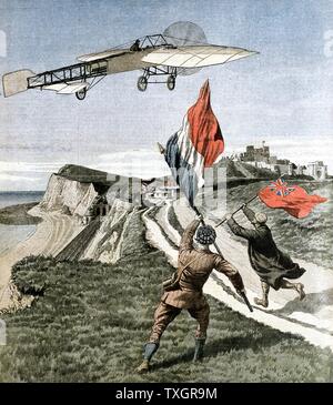 Louis Bleriot (1872-1936), französischer Flieger, fliegt über die Klippen von Dover nach dem Ärmelkanal von Les Boraques in der Nähe von Calais, Frankreich, in seinem eindecker Bleriot XI. am 25. Juli 1909 8. August 1909 von der französischen "Le Petit Journal" Abbildung: Paris Stockfoto