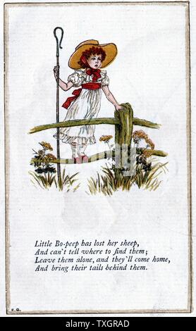 "Kleine Bo-Peep verloren ihre Schafe/und kann nicht sagen, wo sie zu finden sind" Illustration von Kate Greenaway (1846-1901) für ein Buch der Kinderreime Chromolithograph Stockfoto