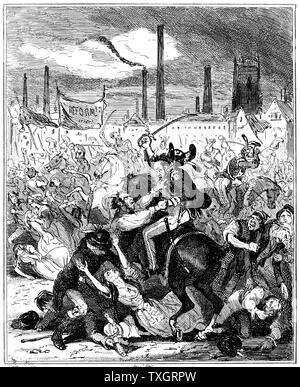 Peterloo Massaker, Manchester, England, 16. August 1819. 15 Husaren laden unbewaffnete Volksmenge zusammen in der Nähe von St Peter's Church reden unterstützt die Reform des Parlaments und der Aufhebung der Korngesetze zu hören. 6 getötet, 70 verwundet in lokale Krankenstationen behandelt. Illustration von Phiz (Hablot Knight Browne) für Camden Pelham' Chronik der Verbrechen', 1887 London Stockfoto